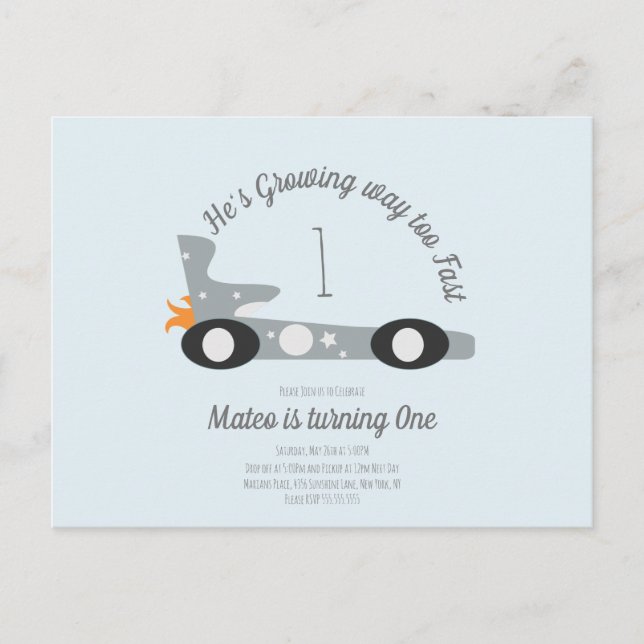 Retro Racing Cars Moon Stars Första födelsedag  Vykort (Framsida)