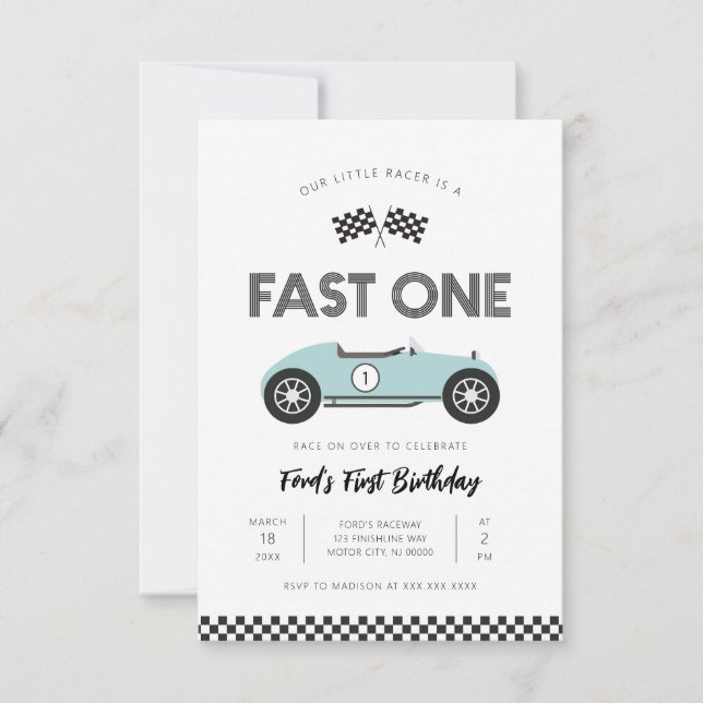 Retro Racingbil Snabb Ett Första Födelsedag Inbjudningar (Framsida)