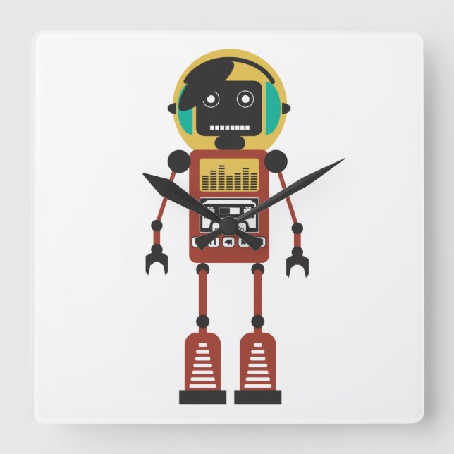 Retro Radio Robot Fyrkantig Klocka (Framsida)