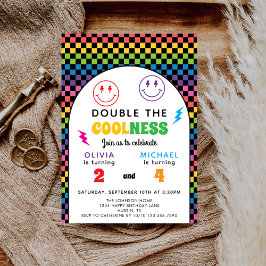 Retro Rainbow Double Celebration Joint Birthday Inbjudningar