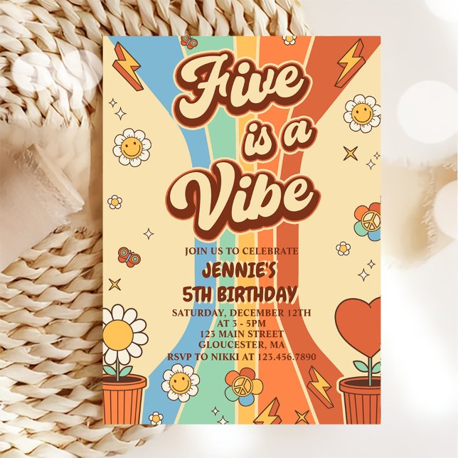 Retro Rainbow Fem är en Vibe Groovy 5:e födelsedag Inbjudningar (Skapare uppladdad)