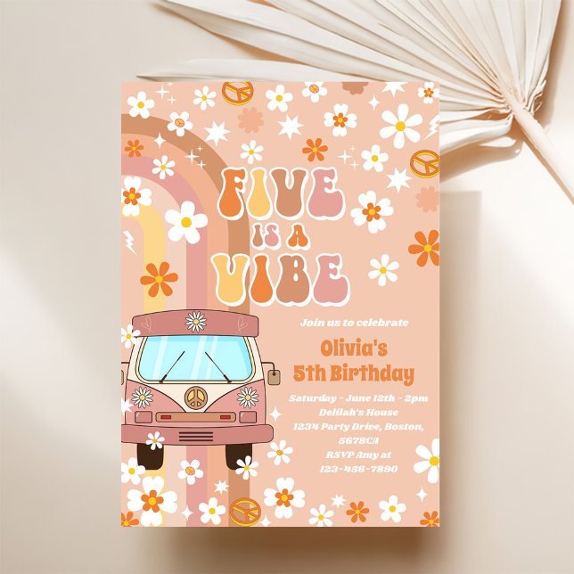 Retro Rainbow Fem är en Vibe Groovy 5:e födelsedag Inbjudningar (Skapare uppladdad)