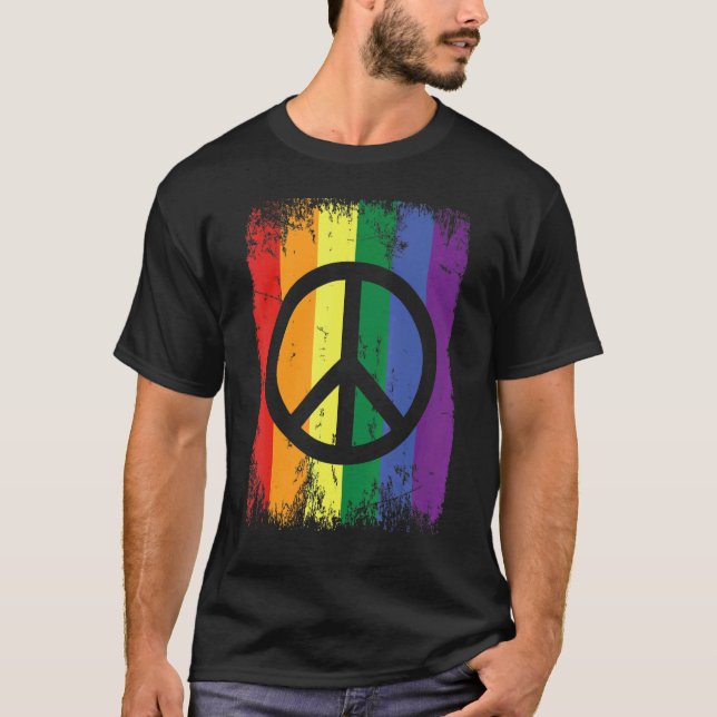 Retro Rainbow Flagga Fredstecken Gay Lesbisk Lgbt  T Shirt (Framsida)