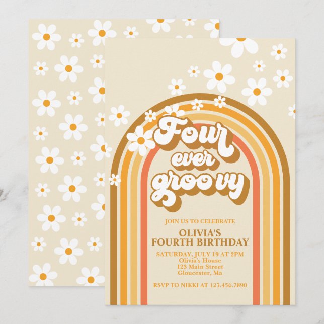 Retro Rainbow Fyra gånger Groovy 4e födelsedagen Inbjudningar (Fram/baksida)