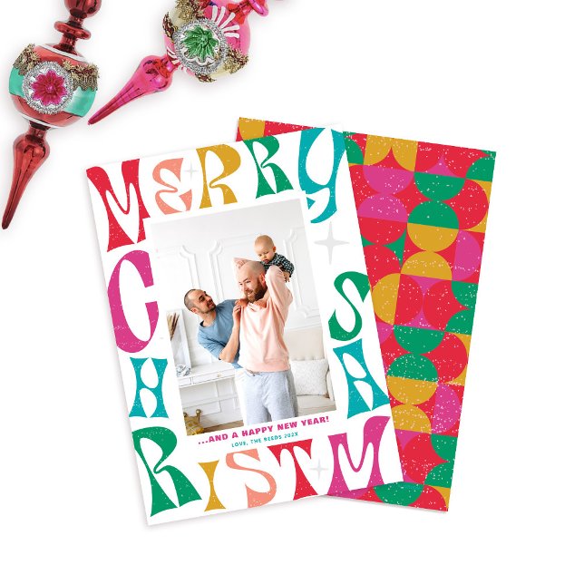 Retro Rainbow God jul 1 Photo Helgdag Card Julkort (Colorful Retro Merry Christmas photo card)