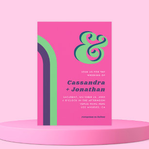 Retro Rainbow Groovy Ampersand Bright Rosa Bröllop Inbjudningar