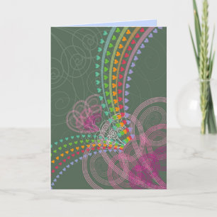 Retro Rainbow Hearts and Rosa Swirls Roligt Valent Helgkort