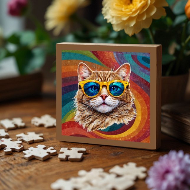 Retro Rainbow LGBTQ+ Coola Gay Cat Puzzle Pussel (Rainbow cool cat puzzle--A  subtle queer representation.)
