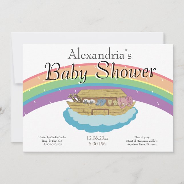 Retro Rainbow Noahs inbjudan till Ark Baby Shower (Framsida)