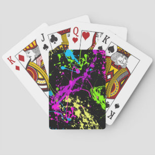 Retro Rainbow of Neon Paint Splatters on Black Casinokort