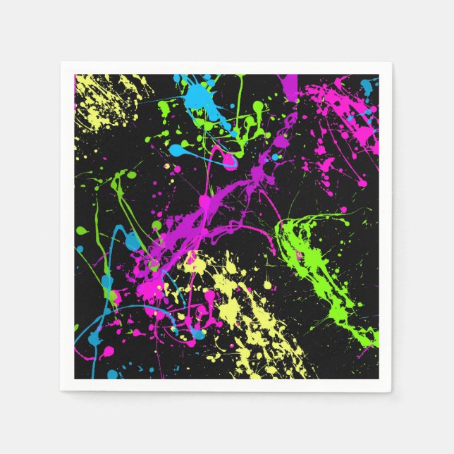 Retro Rainbow of Neon Paint Splatters on Black Pappersservett (Framsidan)