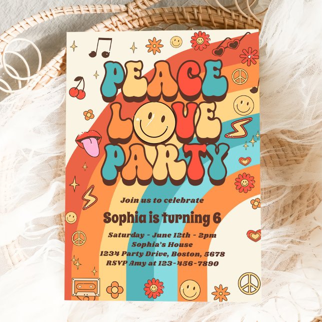 Retro Rainbow Peace Kärlek Party 6e födelsedag Inbjudningar (Skapare uppladdad)