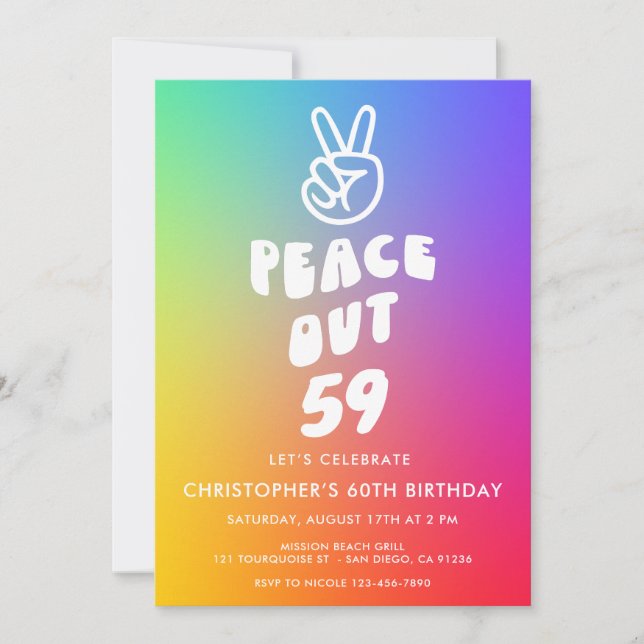 Retro Rainbow Peace out any age Birday Inbjudningar (Framsida)