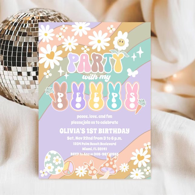 Retro Rainbow Peeps Födelsedagsinbjudan Inbjudningar (Skapare uppladdad)