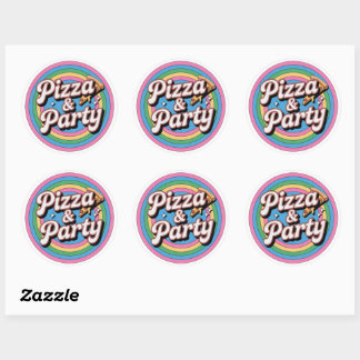 Retro Rainbow Pizza and Party Birthday Round Stick Runt Klistermärke