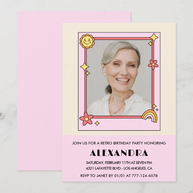 Retro Rainbow Sol Foto Rosa 72-årsdag Inbjudningar (Fram/baksida)