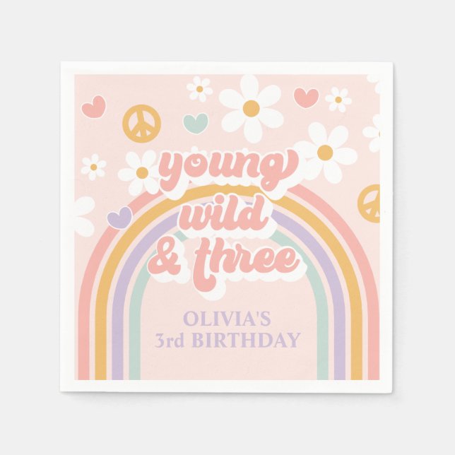Retro Rainbow Ung Vild Tre 3-årsdag Pappersservett (Framsidan)
