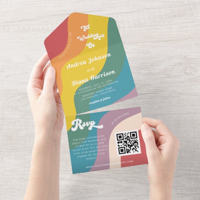 Retro Rainbow Wave LGBTQ Gay pride QR-kod Bröllop (Tearaway)