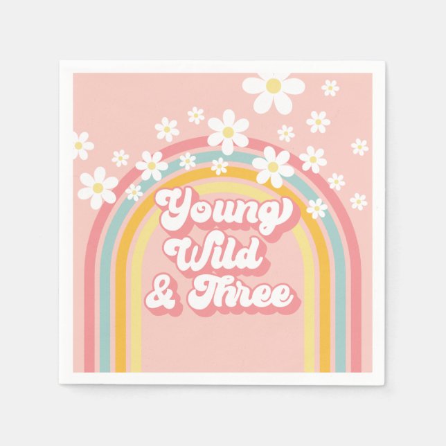 Retro Rainbow Young Wild och tre 3-årsdag Pappersservett (Framsidan)