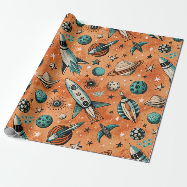 Retro raket rymd mönster terrakotta teal presentpapper (Utrullad)