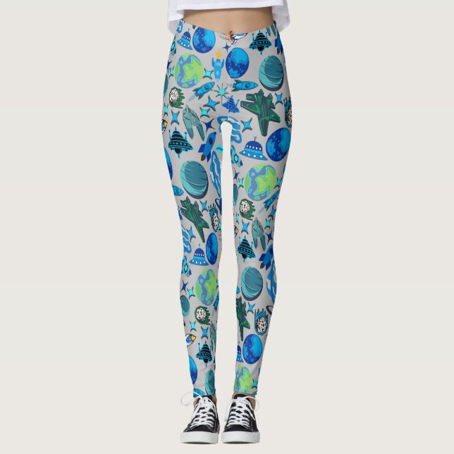 Retro Raketer i Rymden. L Grå BG Leggings (Framsida)