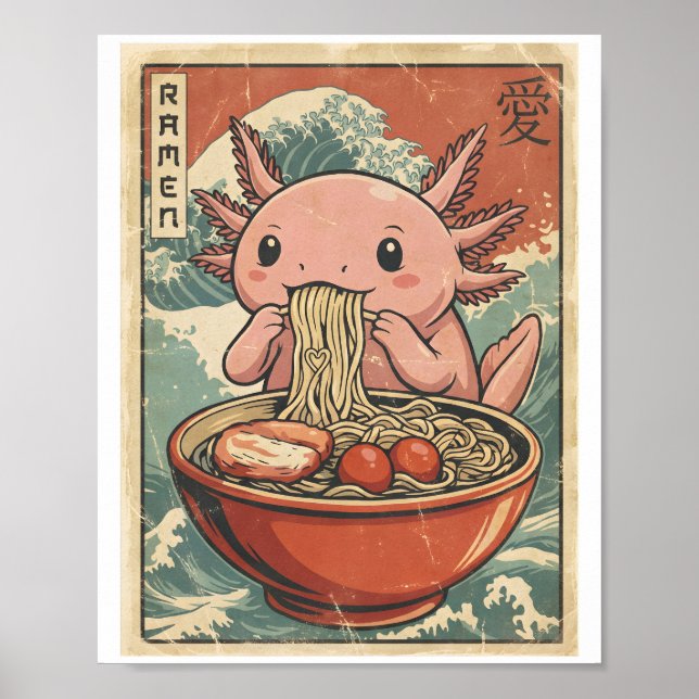 Retro Ramen Axolotl Japansk Mat Konst Kawaii Poster (Framsidan)
