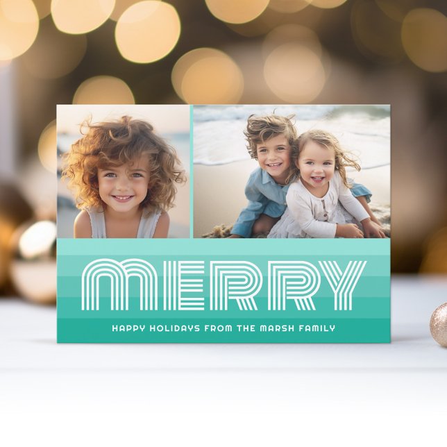 Retro Rand i Aquamarine Blue - Merry 2 Photo Julkort (Retro Stripe Christmas Card with 2 Photos - Vibrant Aqua Teal - Print and Download Option)