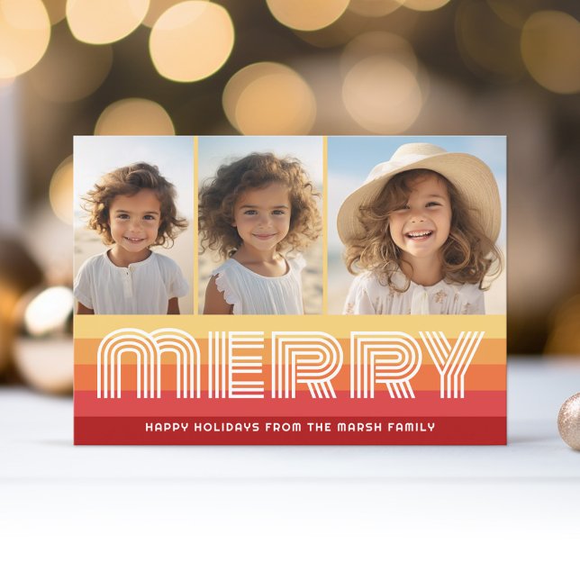 Retro Rand in Sunset Rust - Merry 3 Photo Julkort (Retro Stripe Christmas Card with 3 Photos - Vibrant Sunset Colors - Print and Download Option)