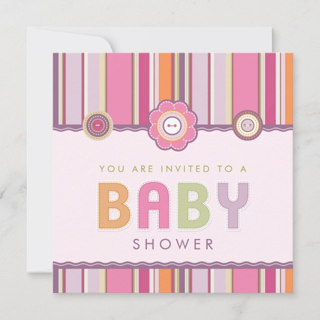 Retro Rand Knappar Rosa Baby Shower-inbjudan Inbjudningar (Framsida)