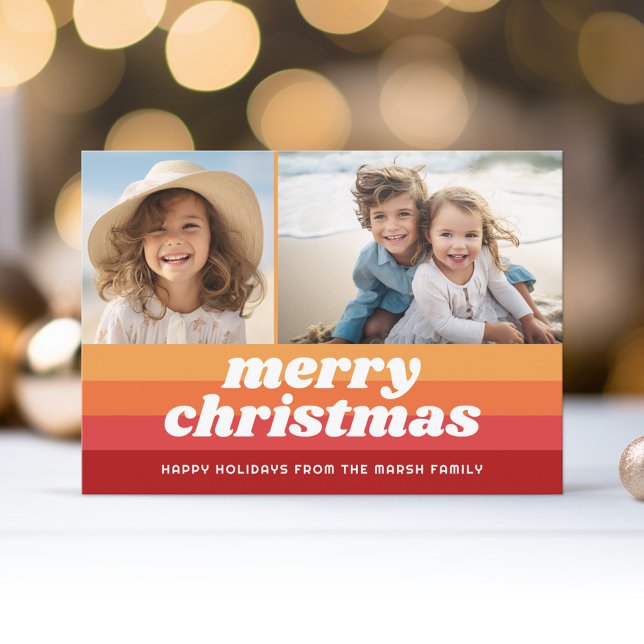 Retro Rand Red Orange - Merry Photo - 70:s Vibe Julkort (Retro Stripe Christmas Card with 2 Photos - Vibrant Reds - Print and Download Option)