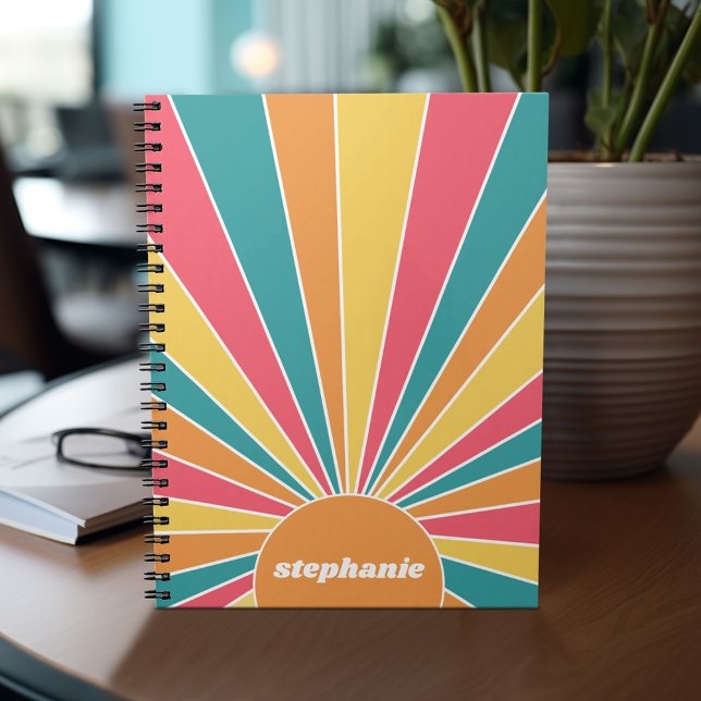 Retro rand soluppgång - pastellregnbågsskript namn anteckningsbok (Personalized notebook with name)
