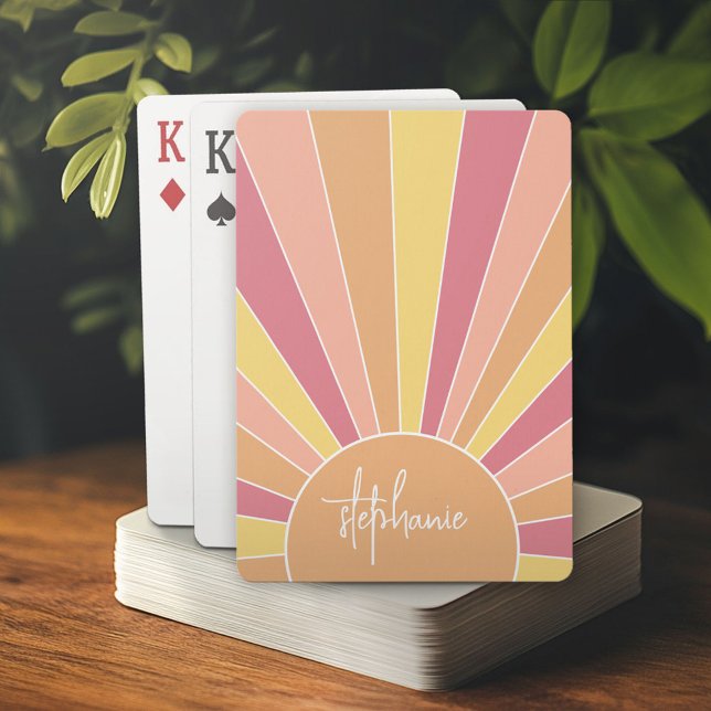 Retro rand soluppgång - pastellregnbågsskript namn casinokort (Personalized playing cards)