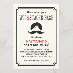 Retro rand wig och mustasch basal födelsedagsfest inbjudningar