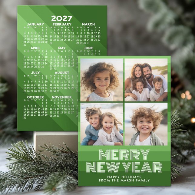 Retro ränder Grön - 4 Foto - 2027 Kalender Julkort (Holiday Greeting Card with a 2027 Calendar on the Back)