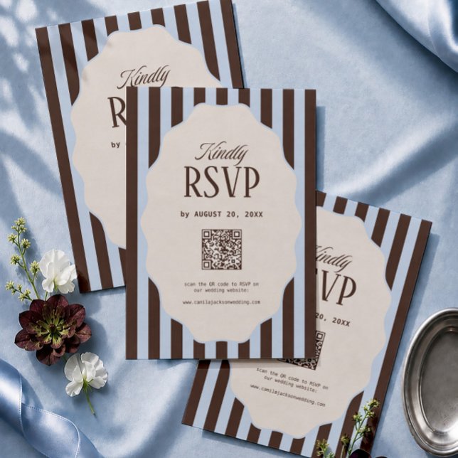 Retro randig blå och brun bröllops RSVP Qr-kod Tilläggskort (Skapare uppladdad)