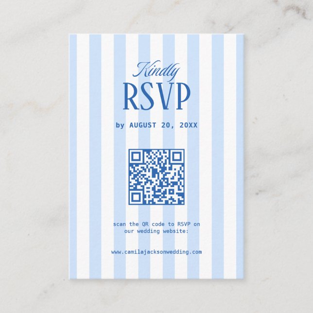 Retro Randig Vit & Blå Bröllops RSVP Qr Kod Tilläggskort (Framsida)