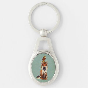 Retro räv & uggla Keychain Ovalt Silverfärgad Nyckelring