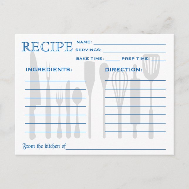 Retro Recept Card Kitchen Verktyg Blue Stripe Vykort (Framsida)