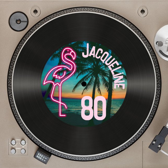 Retro Record Tropical Neon Flamingo 80:e födelseda Inbjudningar (Skapare uppladdad)