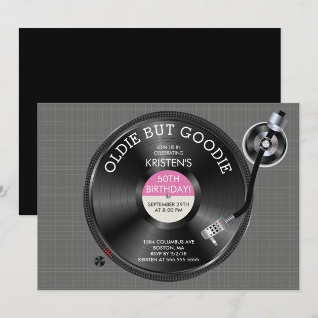 Retro Record Turntable Födelsedagsfest inbjudan (Fram/baksida)