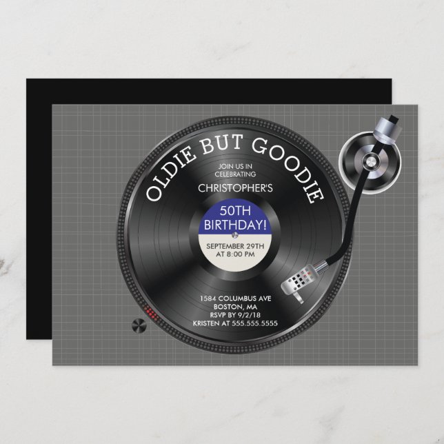 Retro Record Turntable Födelsedagsfest inbjudan (Fram/baksida)