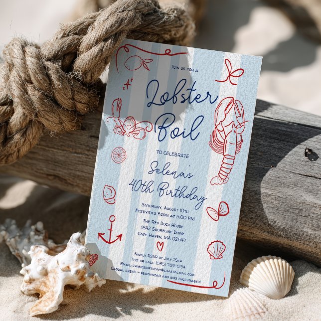 Retro Red and Blue Roligt Lobster Boil 40 Birthday Inbjudningar (Retro Red and Blue Fun Lobster Boil 40th Birthday Invitation)