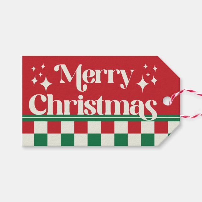 Retro Red and Green Christmas Checkerboard Presentetikett (Framsidan (Horizontal))
