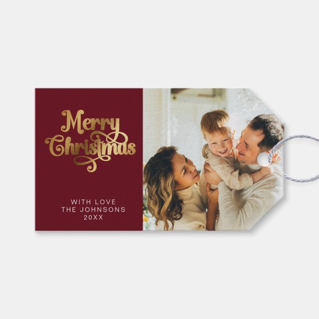 Retro Red and Guld God jul Family Photo Presentetikett (Framsidan (Horisontell))