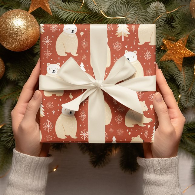 "Retro Red and White Bear and Träd Presentpapper (Skapare uppladdad)