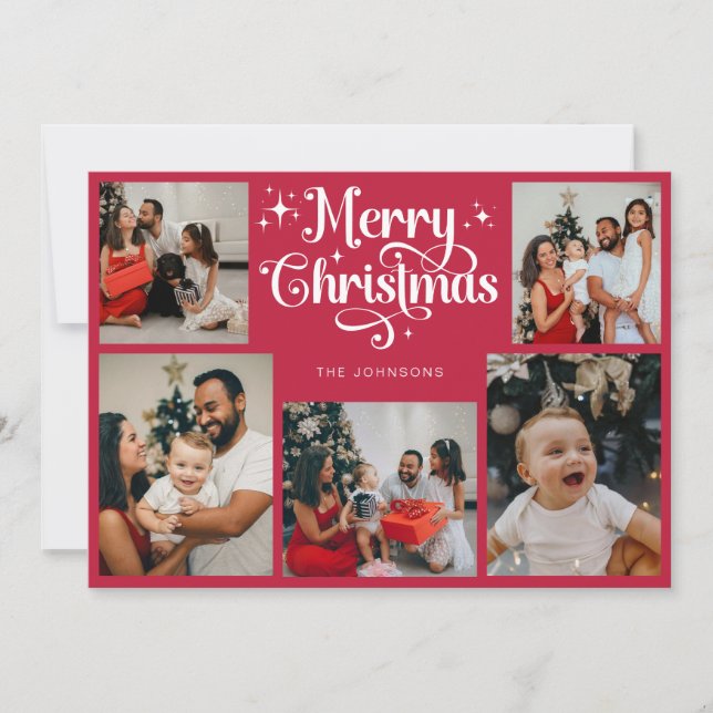 Retro Red and White God jul Family Photo Julkort (Framsida)