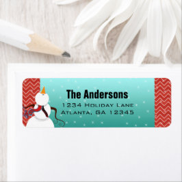 Retro Red Aqua jul Snögubbe Tittar upp stjärnor Returadress Etikett