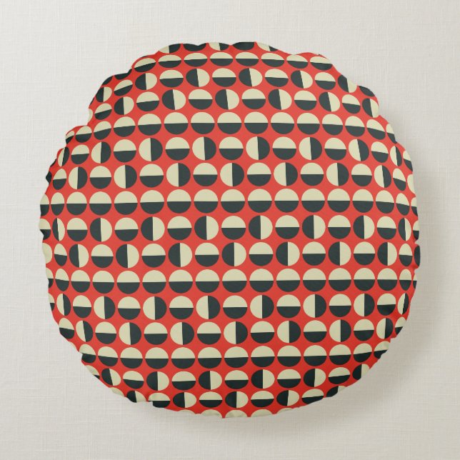 Retro Red Black Beige 60 Polka Dot Mönster Rund Kudde (Framsidan)