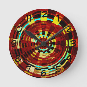 Retro Red Black Blue Gult Brown Circular Mönster Rund Klocka