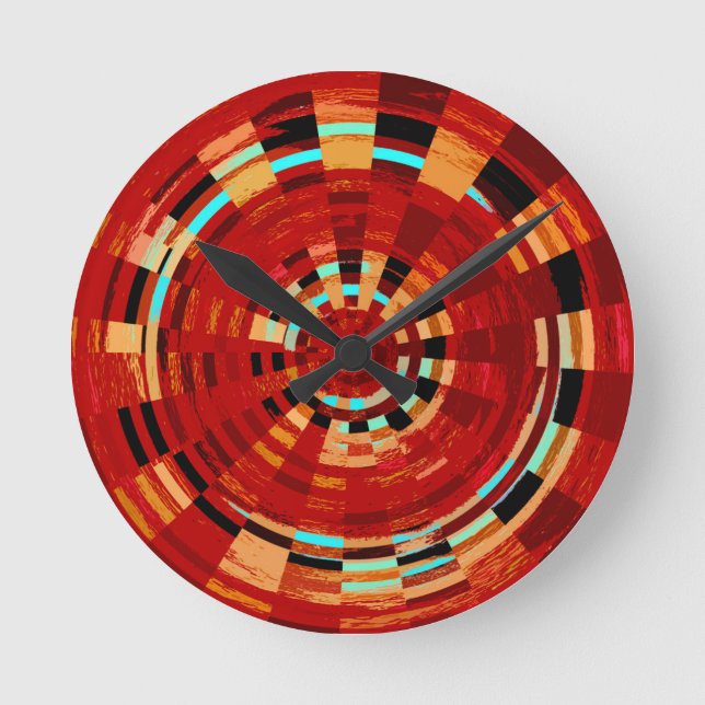 Retro Red Black Blue Gult Brown Circular Mönster Rund Klocka (Framsida)